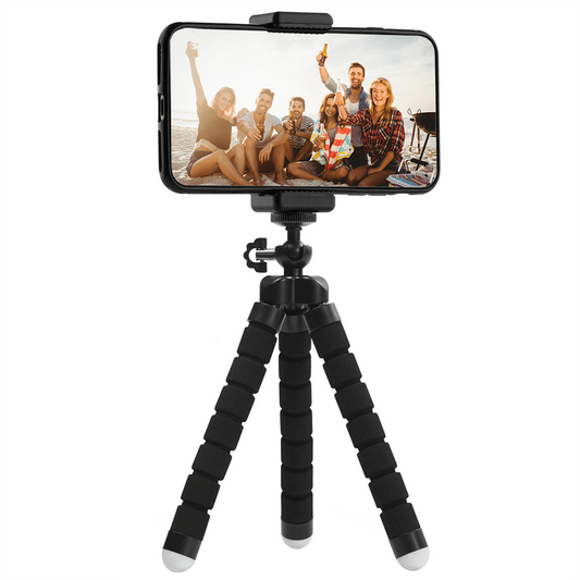 Flexibel mini-statief met schuimrubber poten KIT: incl. telefoonhouder, bluetooth remote, GoPro-adapter & opbergzakje - Flexibele statieven