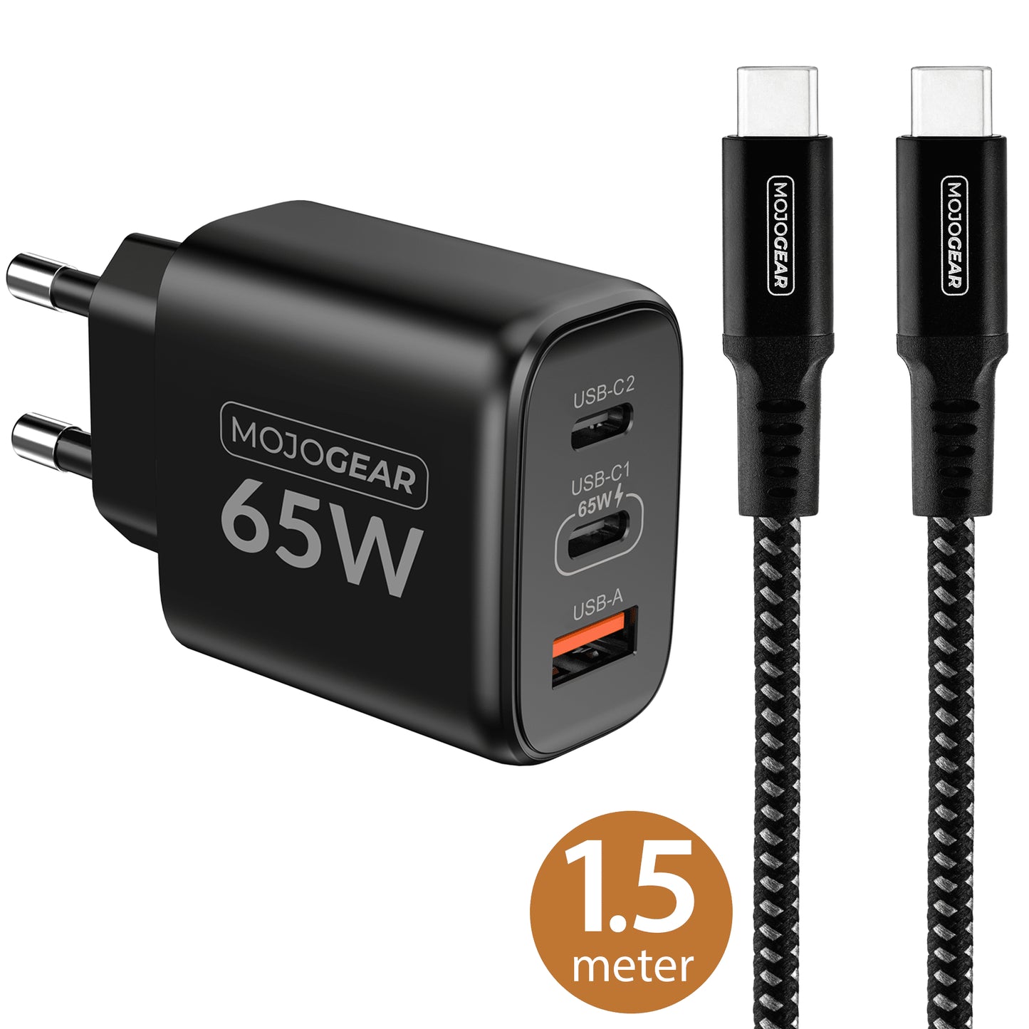 MOJOGEAR CHARGE+ Combo: 65W oplader met USB-C kabel 1,5 meter | Geschikt voor Samsung/iPhone 15/16