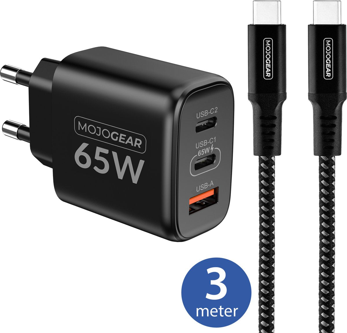 MOJOGEAR CHARGE+ 65W snellader met USB-C naar USB-C kabel 3 meter