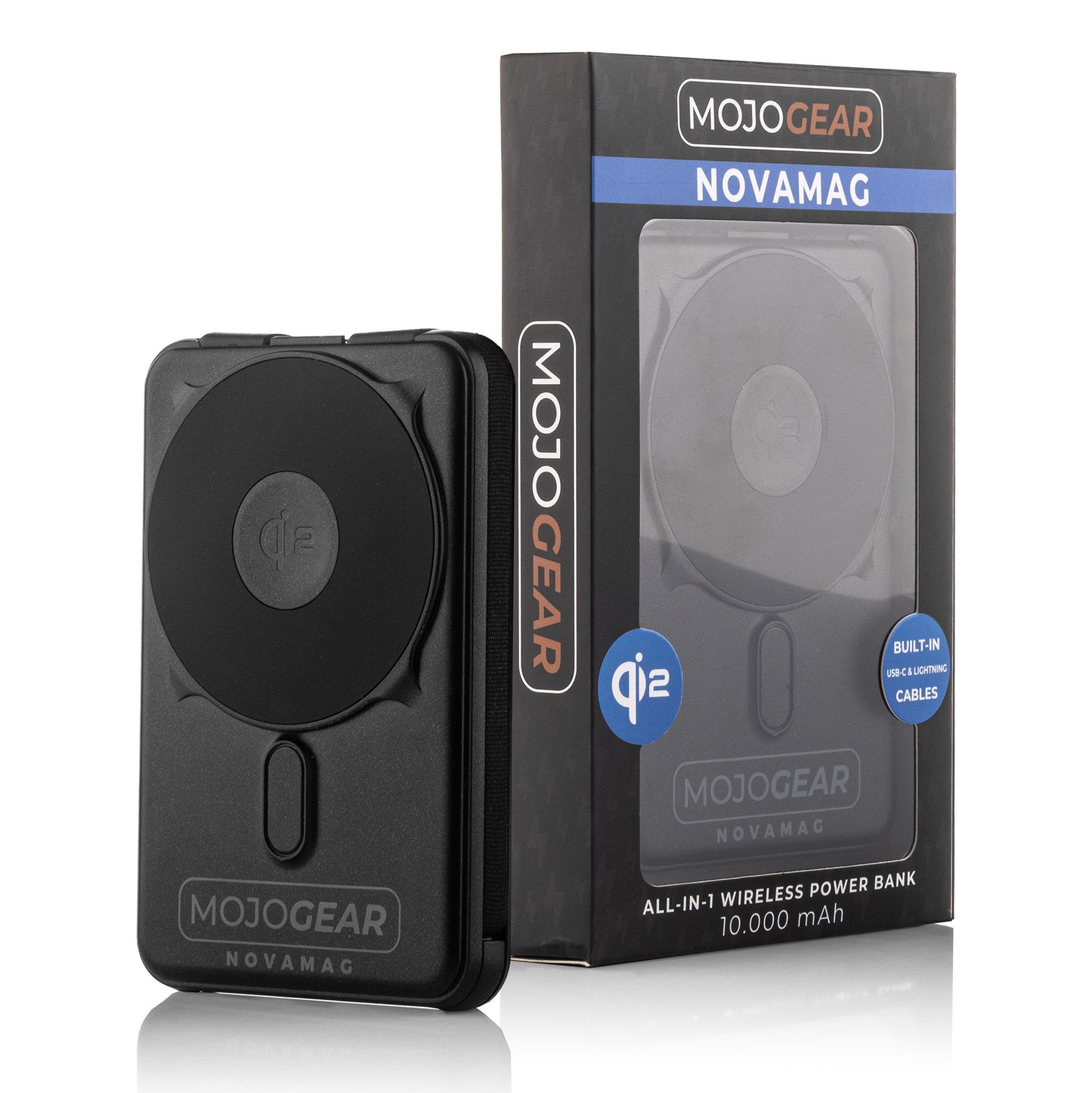 MOJOGEAR NovaMag All-in-1 Powerbank 10.000 mAh – Draadloos Qi2 &amp; ingebouwde kabels – Zwart - Powerbanks