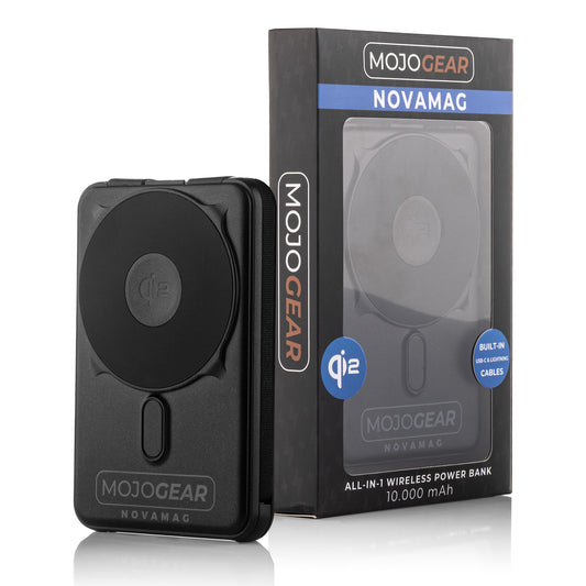 MOJOGEAR NovaMag All-in-1 Powerbank 10.000 mAh – Draadloos Qi2 &amp; ingebouwde kabels – Zwart - Powerbanks