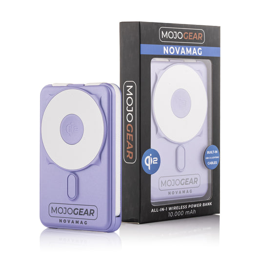 MOJOGEAR NovaMag All-in-1 Powerbank 10.000 mAh – Draadloos Qi2 & ingebouwde kabels – Paars - Powerbanks