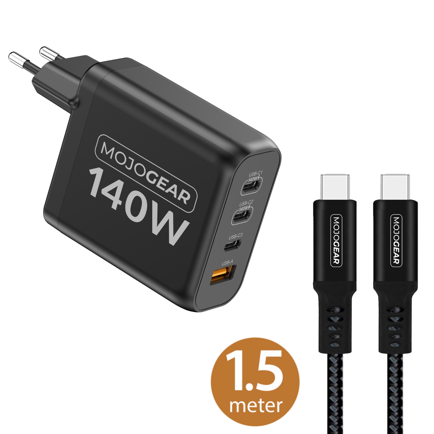 MOJOGEAR CHARGE+ 140 Watt oplader met USB-C naar USB-C kabel 1,5 meter | Geschikt voor Samsung/Oppo/Huawei/Xiaomi/iPhone 15/16