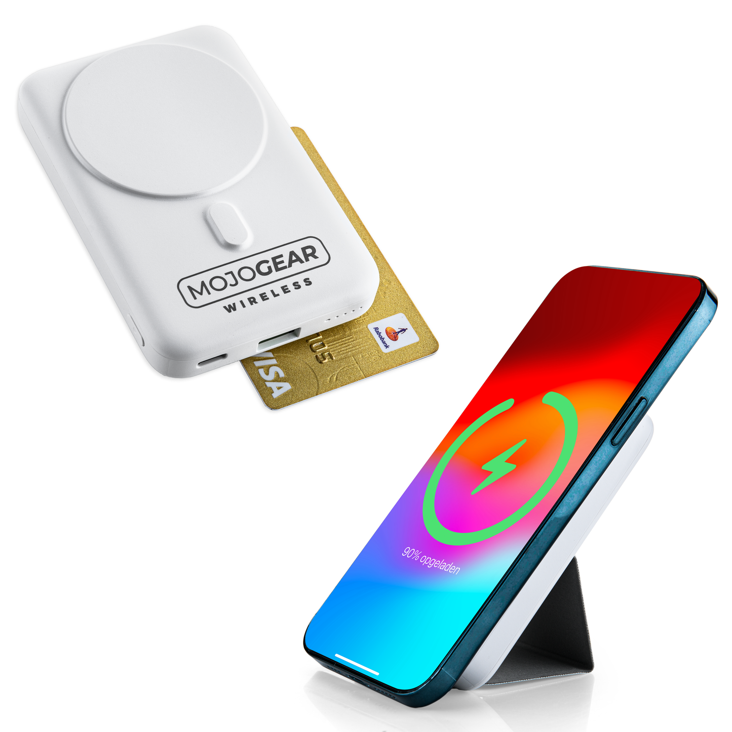 MOJOGEAR Wireless MagSafe powerbank 10.000 mAh - Magnetisch en Draadloos voor Android en iPhone - Met bureau-standaard - Zwart/Wit