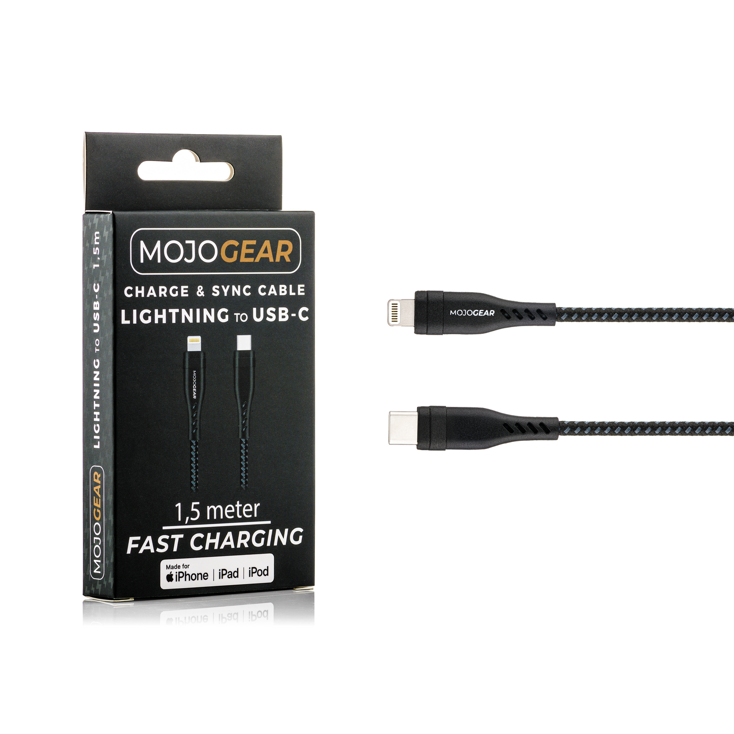 MOJOGEAR CHARGE+ 65W oplader voor iPhone & iPad met Lightning naar USB kabel 1,5 meter | Geschikt voor iPhone 11/12/13/14 | iPhone snellader