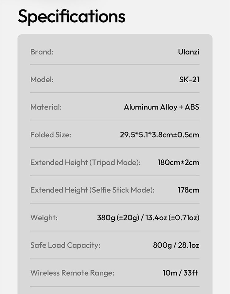 Ulanzi SK-21 Selfie Stick Quadpod 180cm auto-open - Magnetic