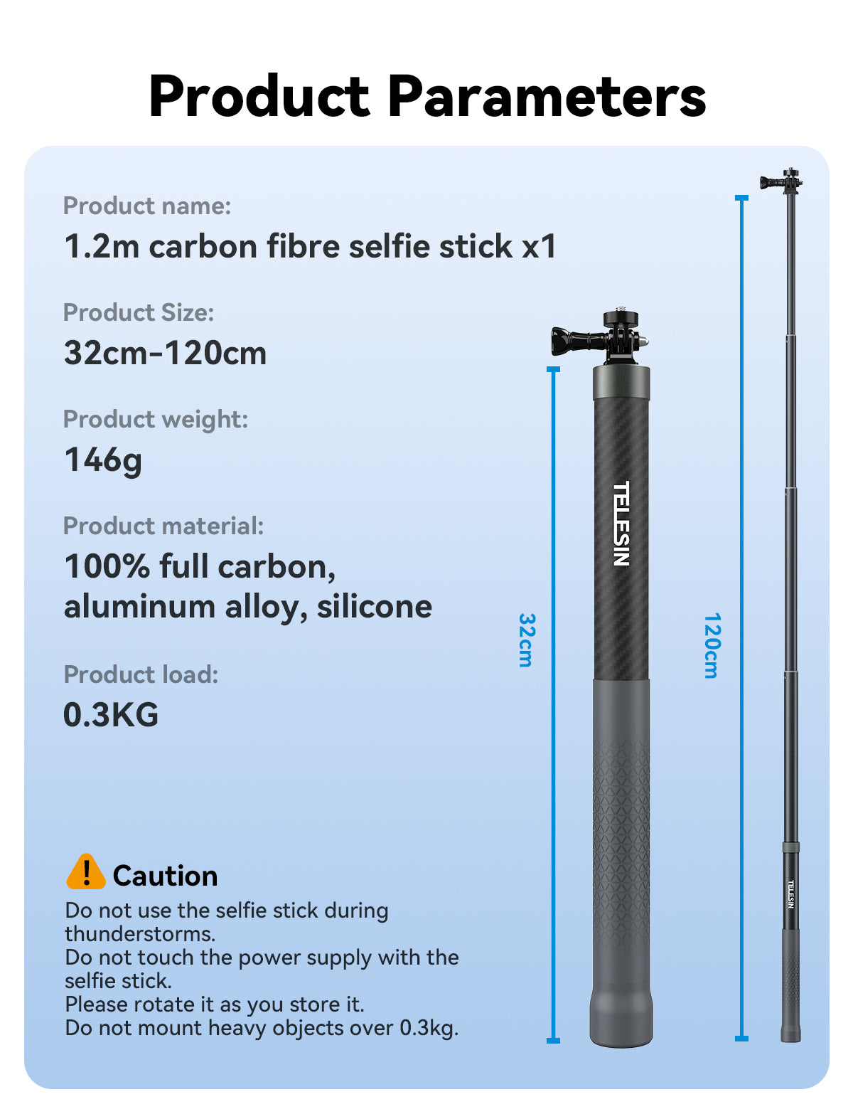 Telesin MNP-002 Selfie Stick 120 cm voor actioncamera en smartphone - Carbon