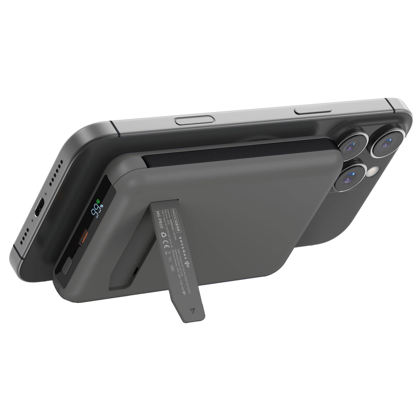 MOJOGEAR NovaMag All-in-1 Powerbank 10.000 mAh – Draadloos Qi2 & ingebouwde kabels – Grijs - Powerbanks