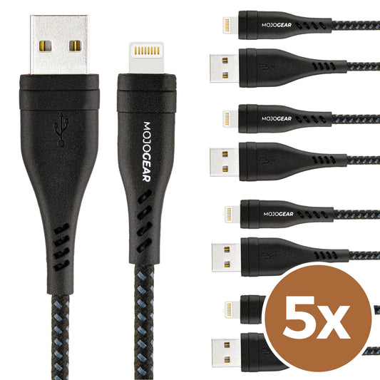 5x MOJOGEAR Apple Lightning to USB cable Extra Strong [BENEFIT PACK]