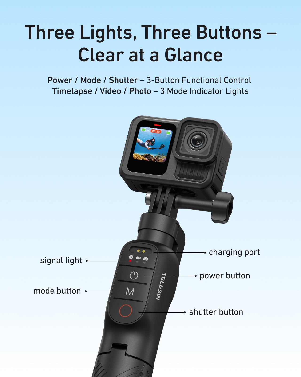 Telesin Onderwater Selfiestick Statief met remote voor GoPro -