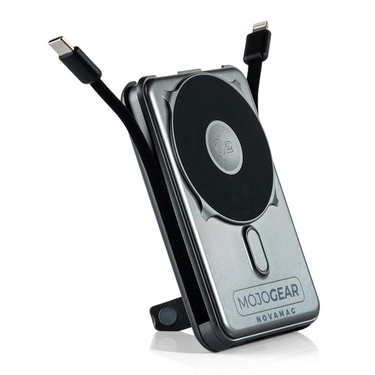 MOJOGEAR NovaMag All-in-1 Powerbank 10.000 mAh – Draadloos Qi2 & ingebouwde kabels – Grijs