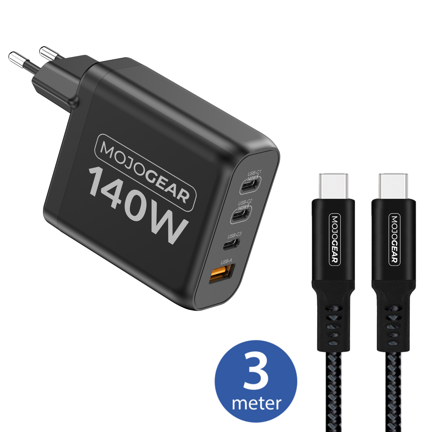 MOJOGEAR CHARGE+ 140 Watt oplader met USB-C naar USB-C kabel 3 meter | Geschikt voor Samsung/Oppo/Huawei/Xiaomi/iPhone 15/16