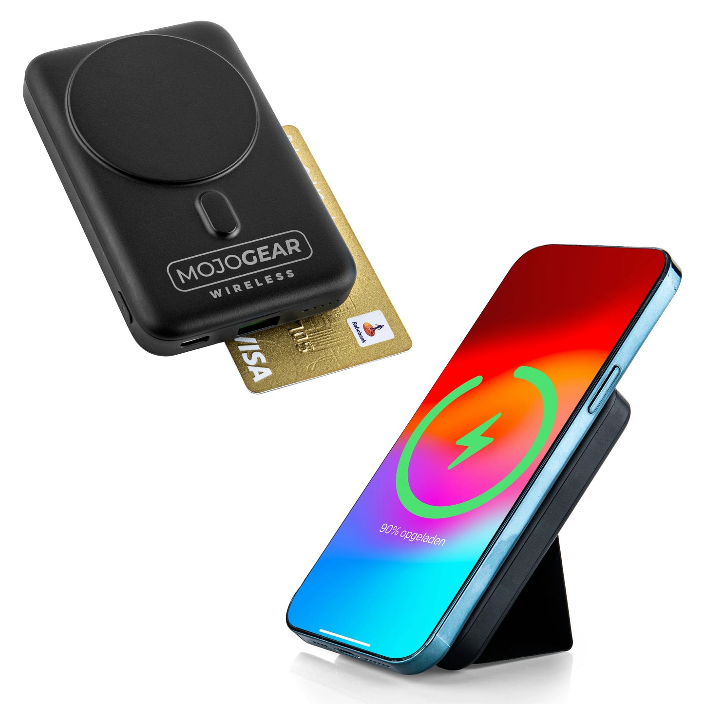 MOJOGEAR Wireless MagSafe powerbank 10.000 mAh - Magnetisch en Draadloos voor Android en iPhone - Met bureau-standaard - Zwart/Wit - Powerbanks