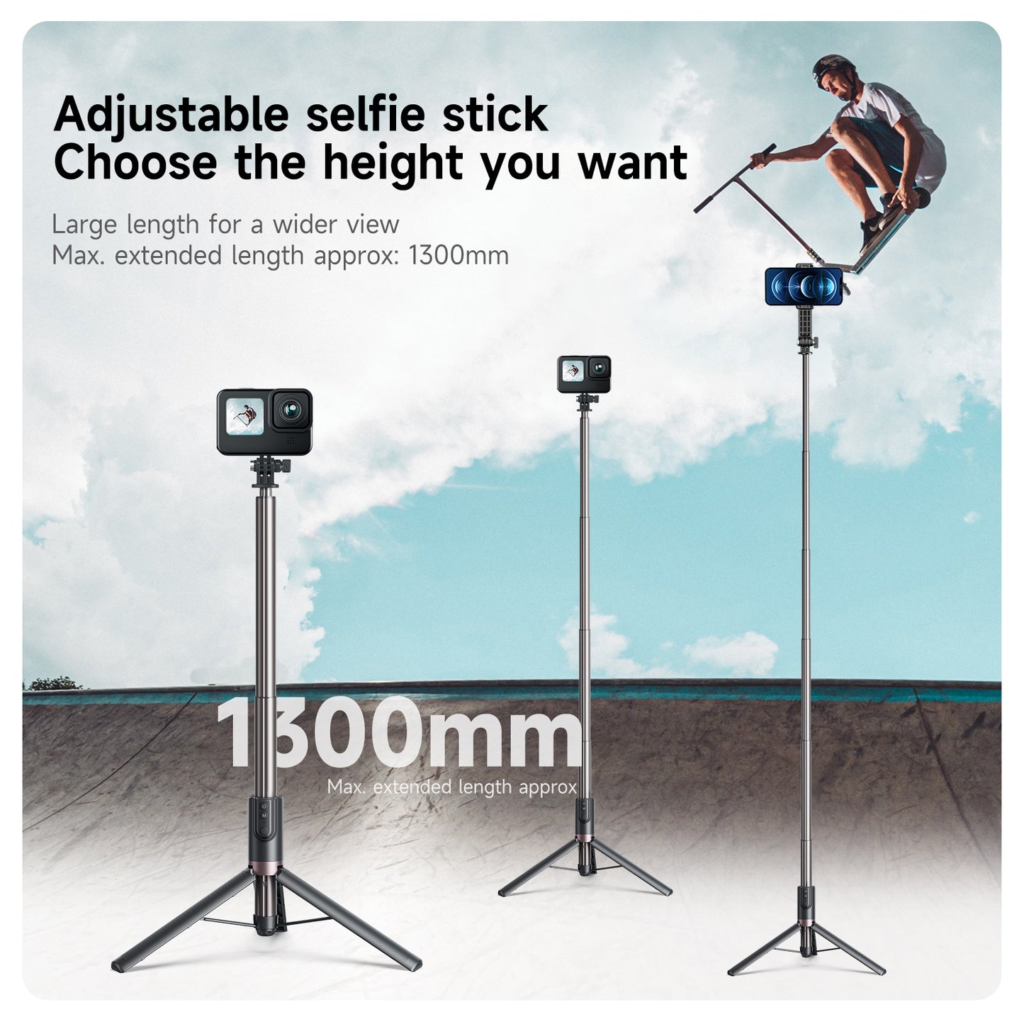 Telesin RCSS-003 Selfie Stick tripod 130 cm - met Bluetooth afstandsbediening - Selfiesticks