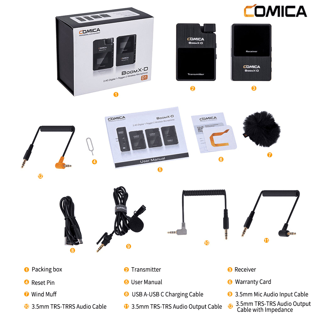 Comica BoomX-D D1 draadloze microfoon-set met 1 zender en ontvanger voor camera en smartphone