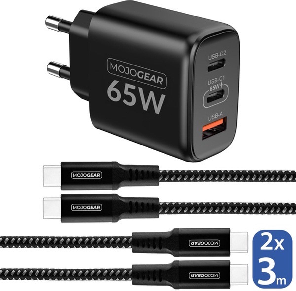 MOJOGEAR CHARGE+ 65W fast charger with 2x USB-C to USB-C cable 3 meters