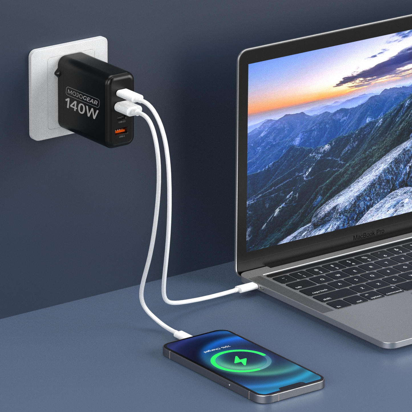 MOJOGEAR CHARGE+ 140 Watt oplader met USB-C naar Lightning kabel 1,5 meter | iPhone snellader