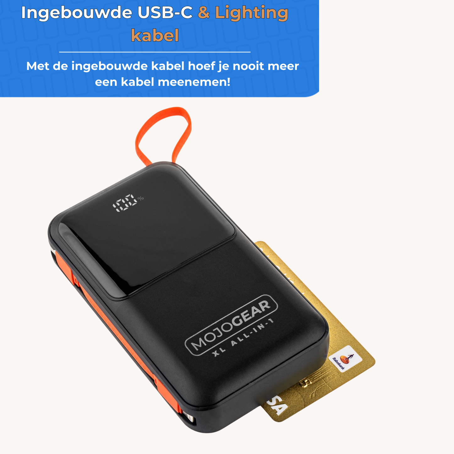 MOJOGEAR XL All-in-1 Power Bank 20,000 mAh with built-in Lightning and USB-C cables