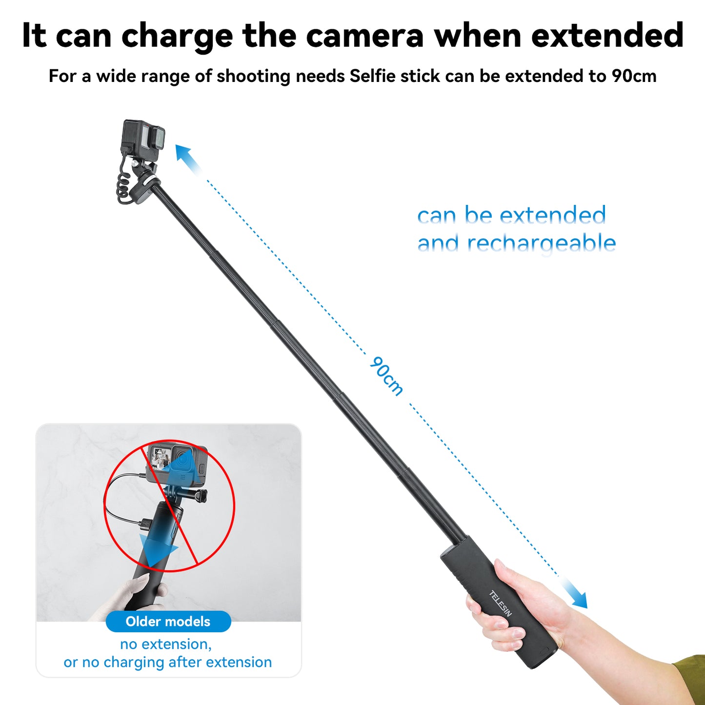 Telesin CSS-001 rechargeable selfie stick 90cm - 10,000 mAh power bank