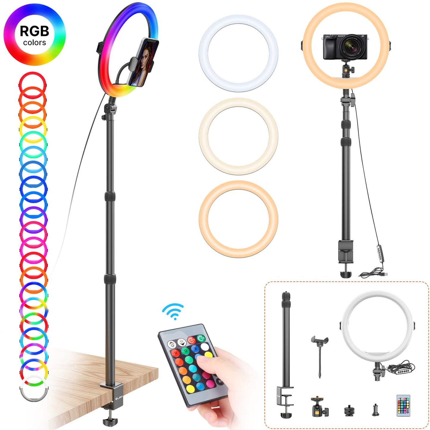 VIJIM K10 RGB Desktop Ringlamp met uitschuifbaar statief en tafelklem