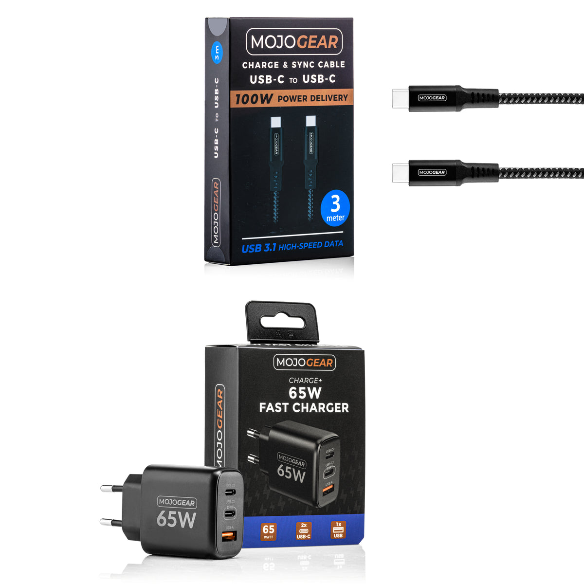 MOJOGEAR CHARGE+ Combo: 65W oplader met USB-C kabel 1,5 meter - Opladers