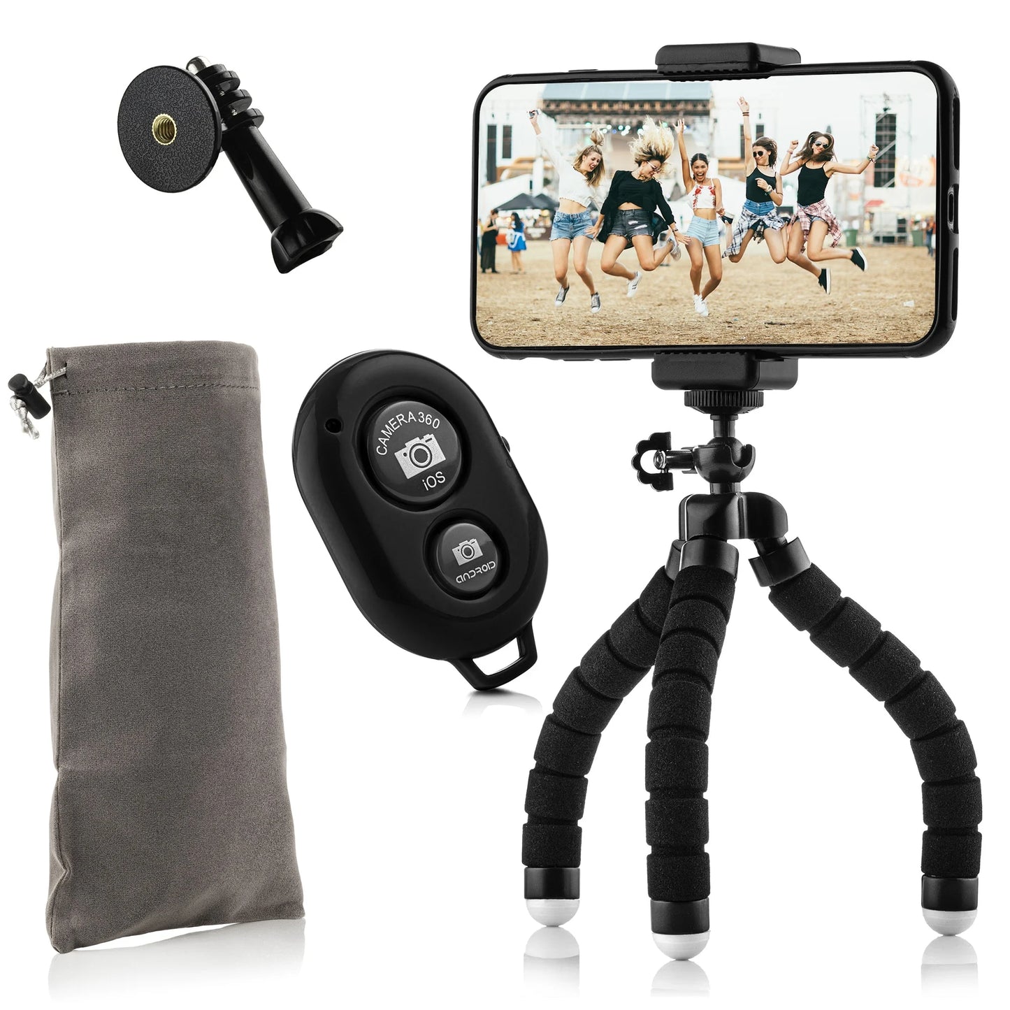 Flexible mini tripod with foam rubber legs SET: includes phone holder, bluetooth remote shutter, GoPro mount adapter & storage bag