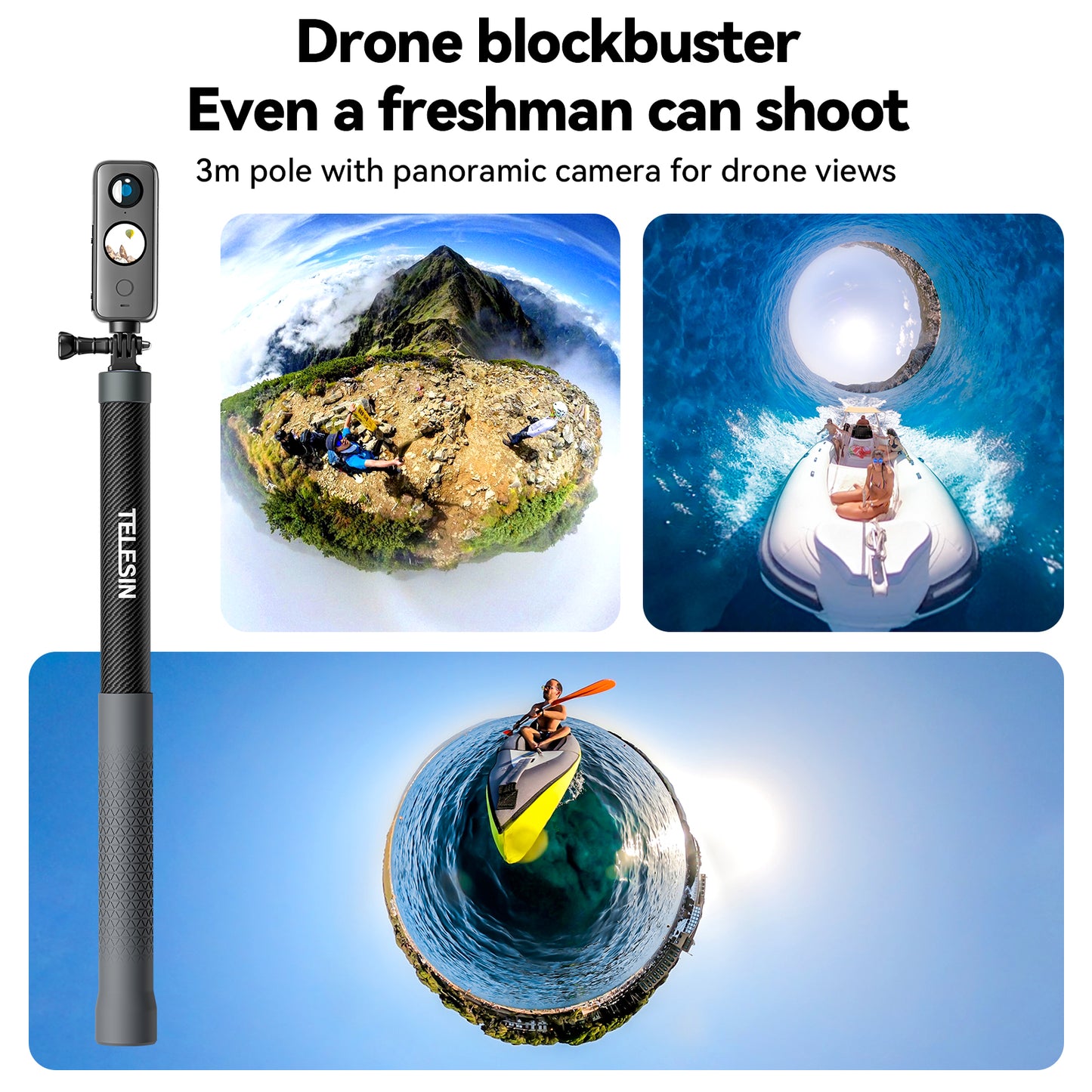 Telesin 3 meter Premium Selfie Stick voor GoPro - Carbon