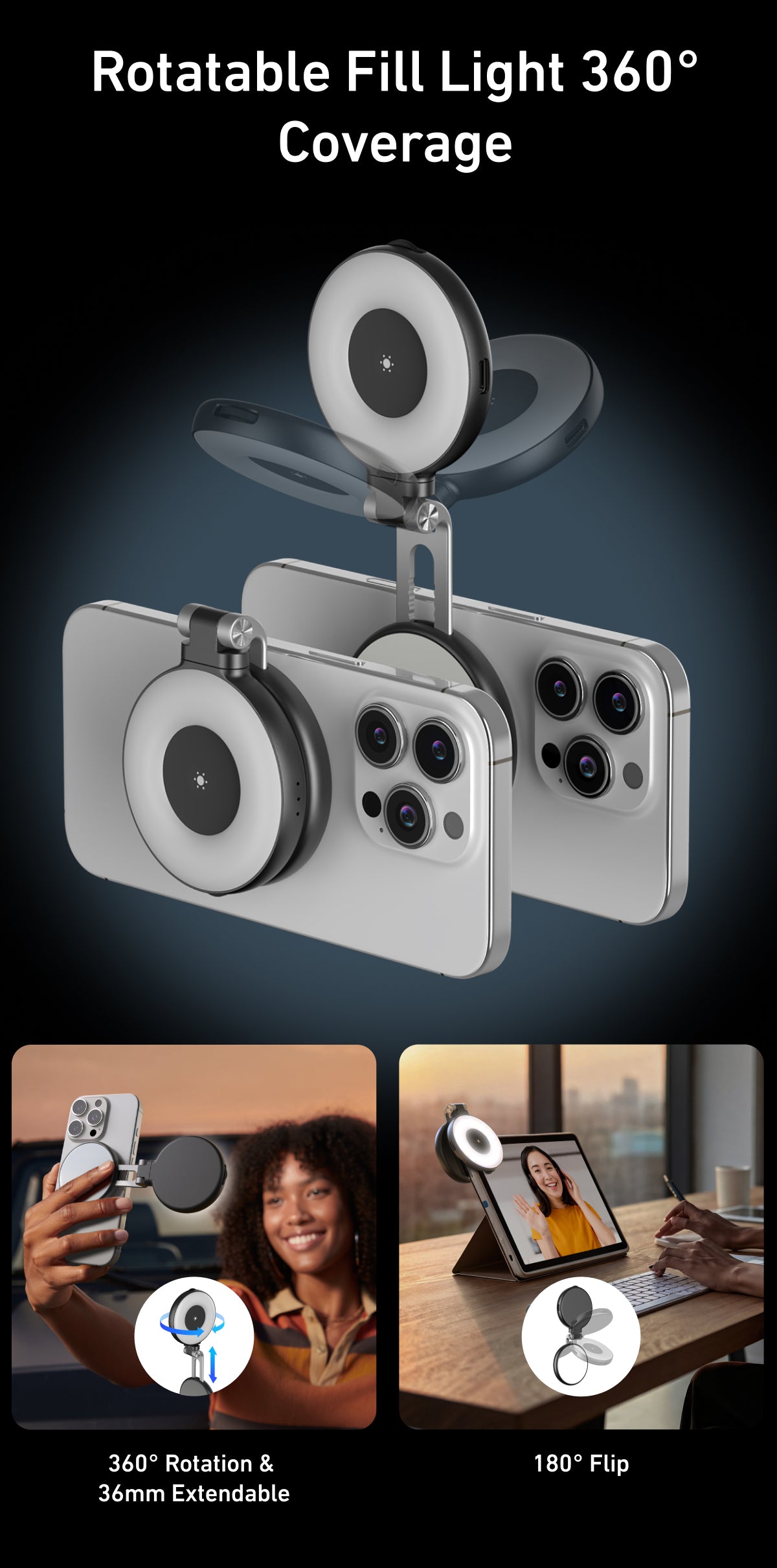 Telesin C03 Rotatable MagSafe Selfie Light + Mirror - Black