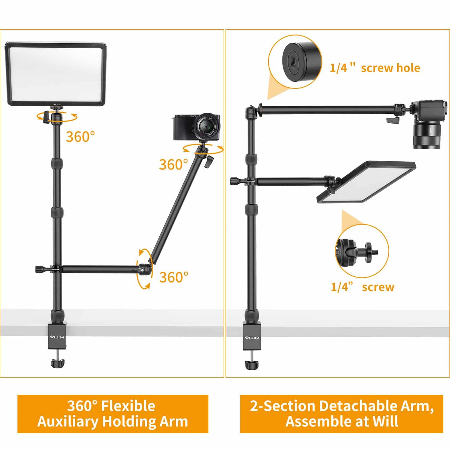 VIJIM LS11 Adjustable Double Arm Table Tripod - With Table Clamp