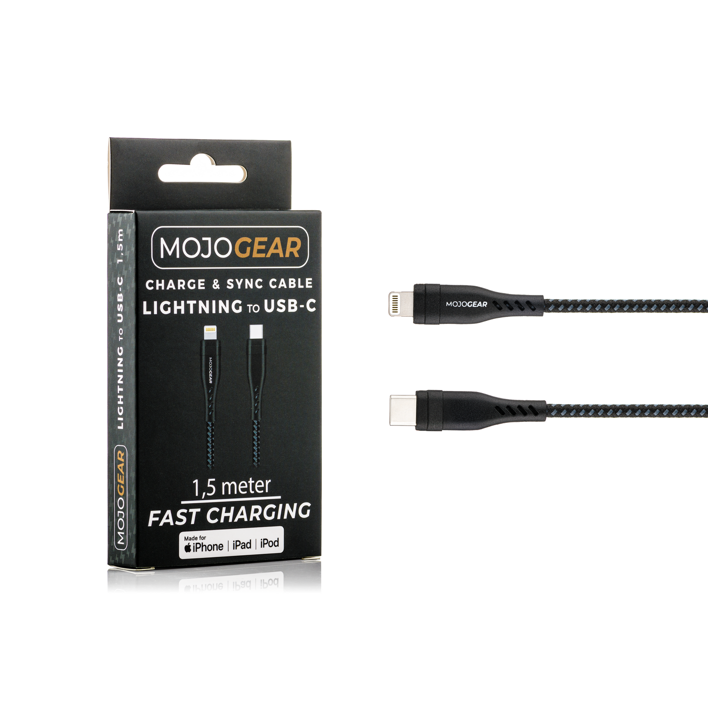 MOJOGEAR CHARGE+ 65W fast charger for iPhone &amp; iPad with 2x Lightning to USB-C cable 1.5 meters