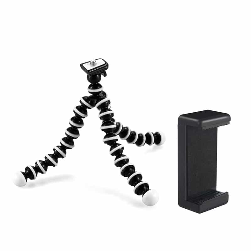 Flexibel mini-statief met extra flexibele poten KIT: incl. telefoonhouder, bluetooth remote, GoPro-adapter & opbergzakje