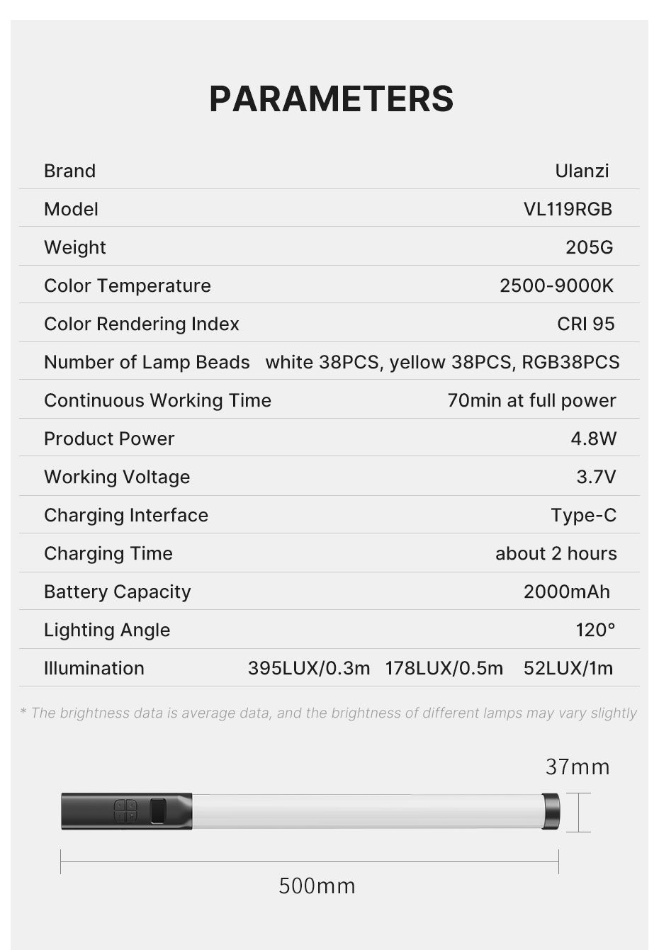 Ulanzi VL119 RGB Tube Light XL met handvat