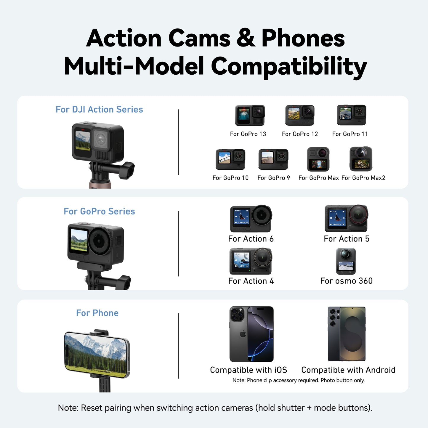 Telesin Vlog Selfie Stick voor GoPro, DJI en Smartphone - Met bluetooth remote - GoPro-accessoires