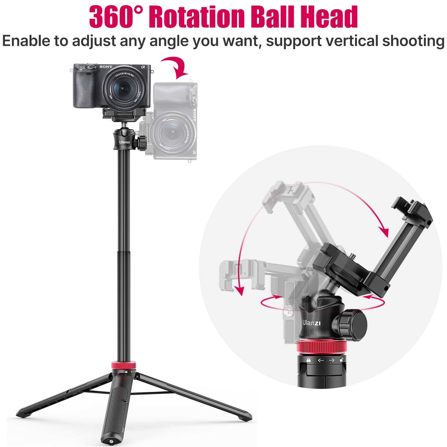 Ulanzi MT-44 Selfiestick Statief voor telefoon en camera - 146cm - Zwart