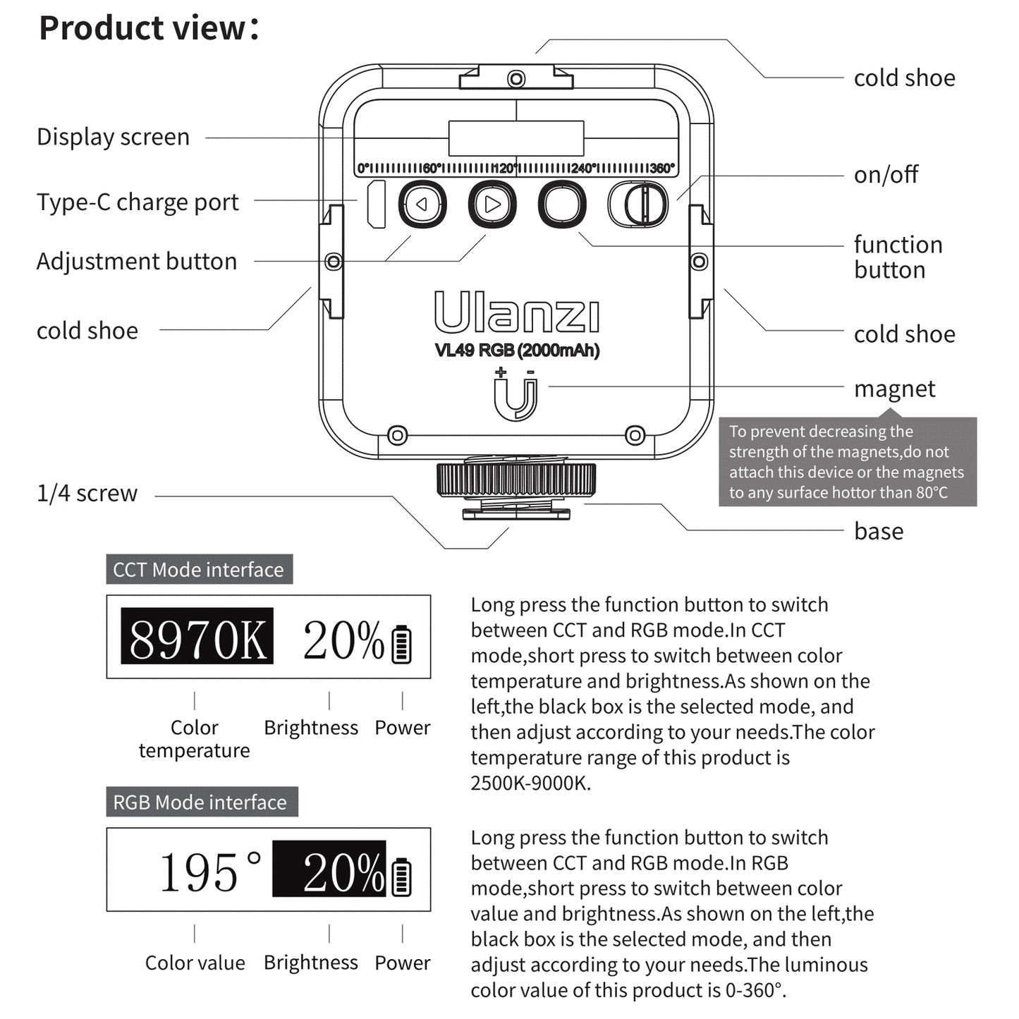 Ulanzi VL49 RGB Multi Color LED-videolamp