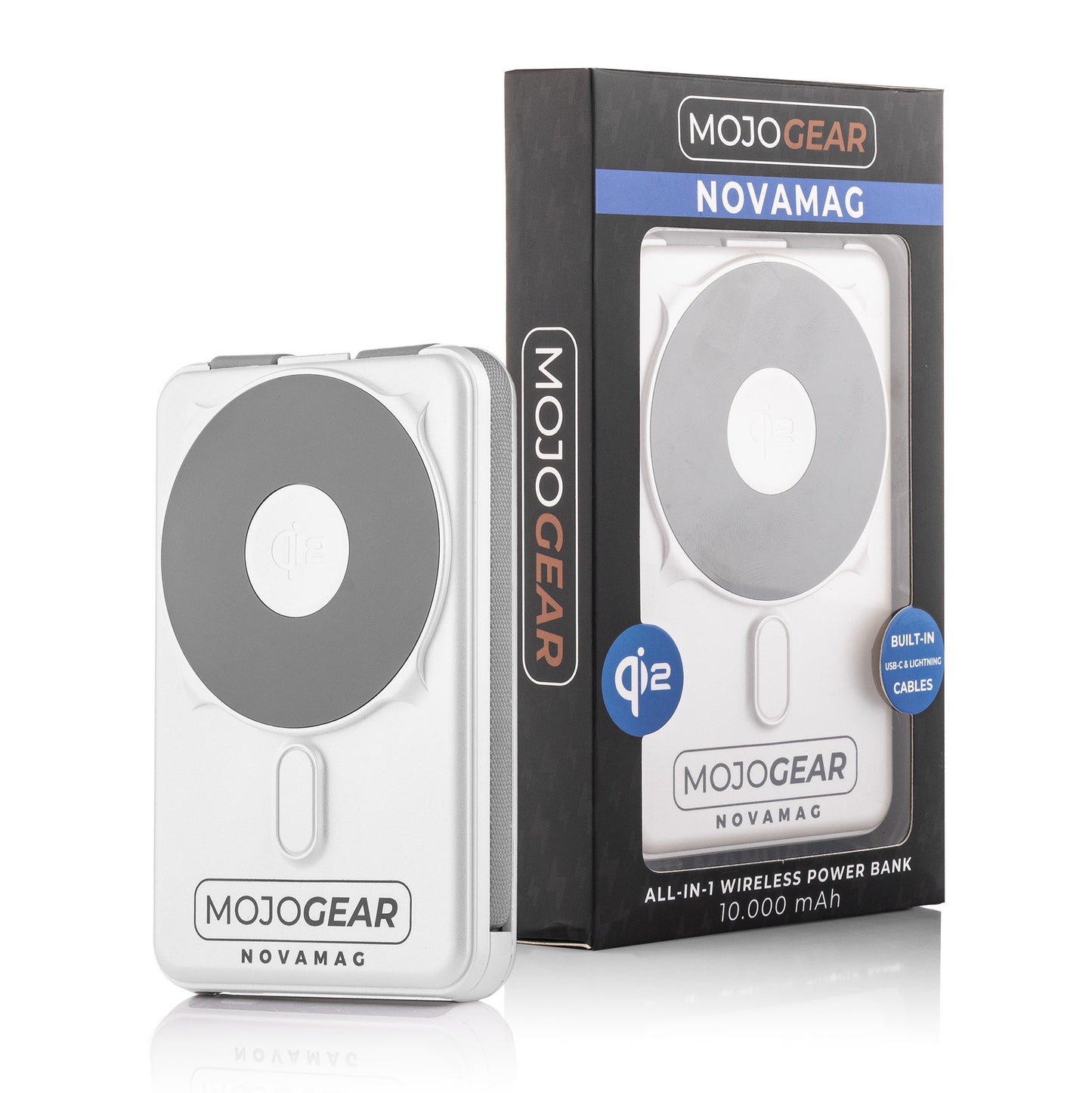 MOJOGEAR NovaMag All-in-1 Powerbank 10.000 mAh – Draadloos Qi2 & ingebouwde kabels – Wit - Powerbanks