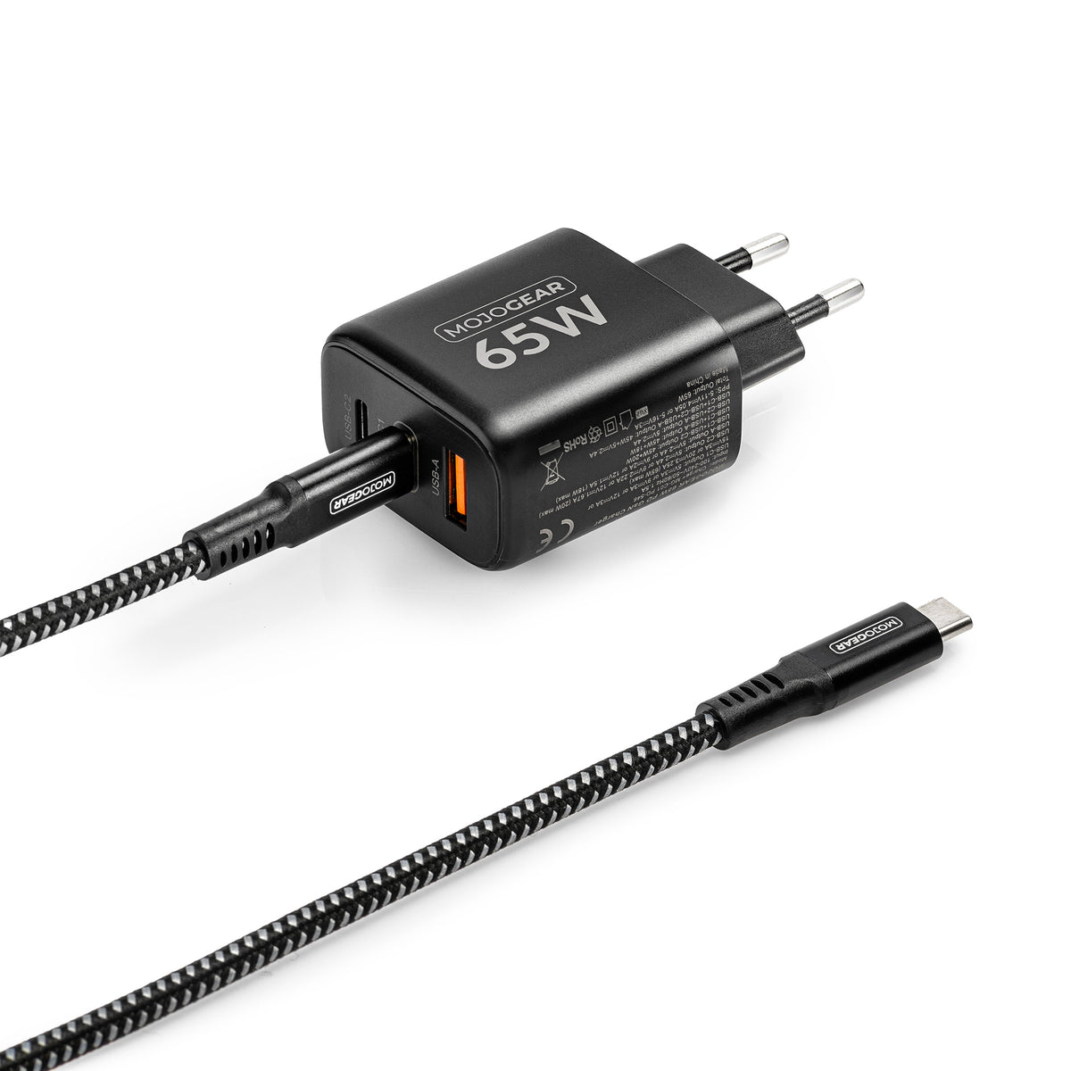 MOJOGEAR CHARGE+ 65W snellader met USB-C naar USB-C kabel 3 meter - Opladers
