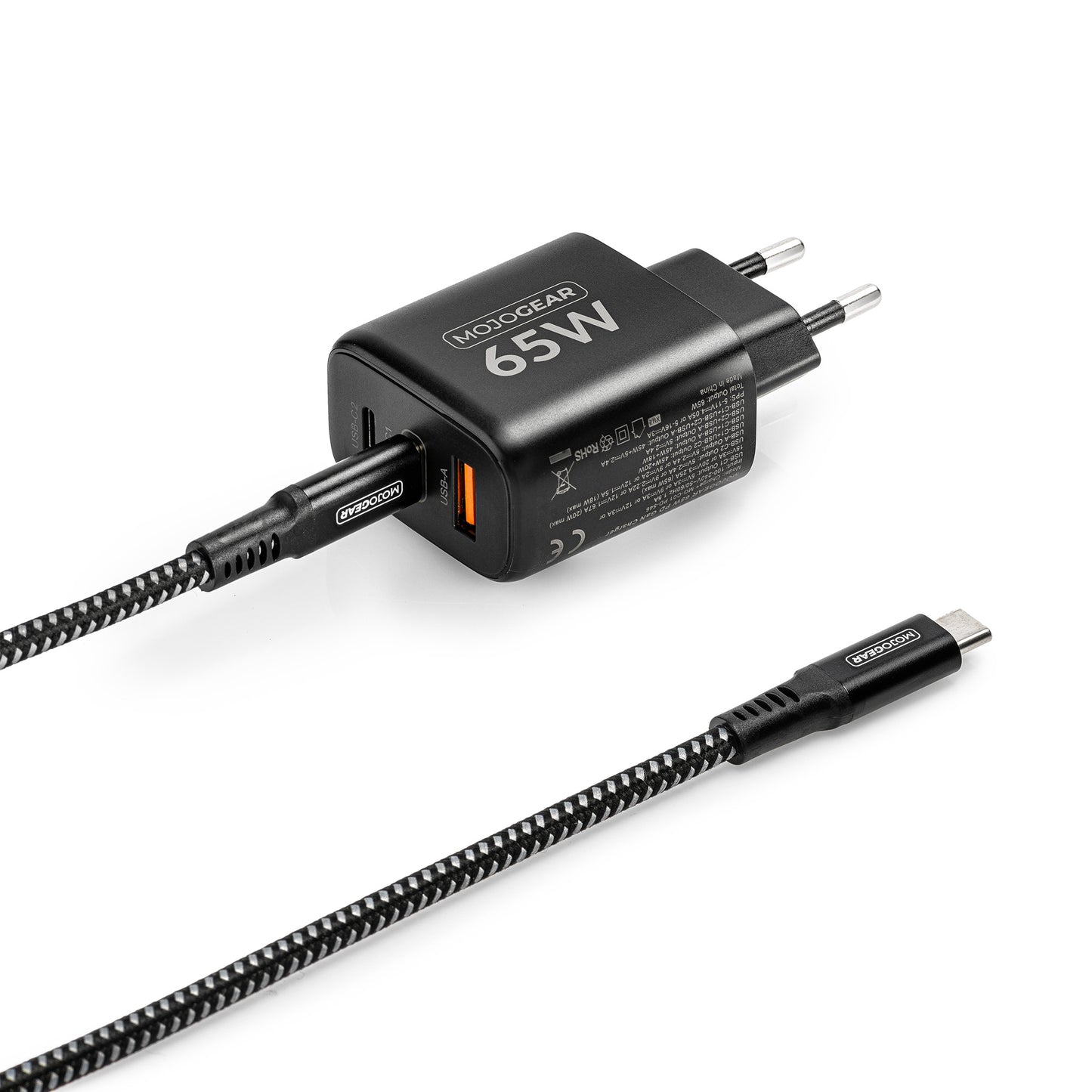 MOJOGEAR CHARGE+ 65W snellader voor iPhone & iPad met 2x Lightning naar USB-C kabel 1,5 meter