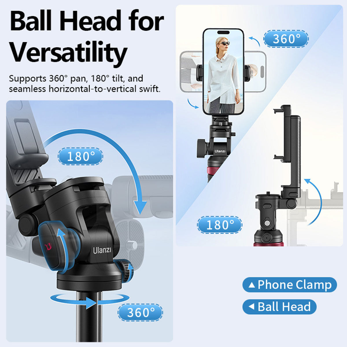 Ulanzi MT-78 Multi-functioneel statief voor smartphone en camera - 185cm - Vaste statieven