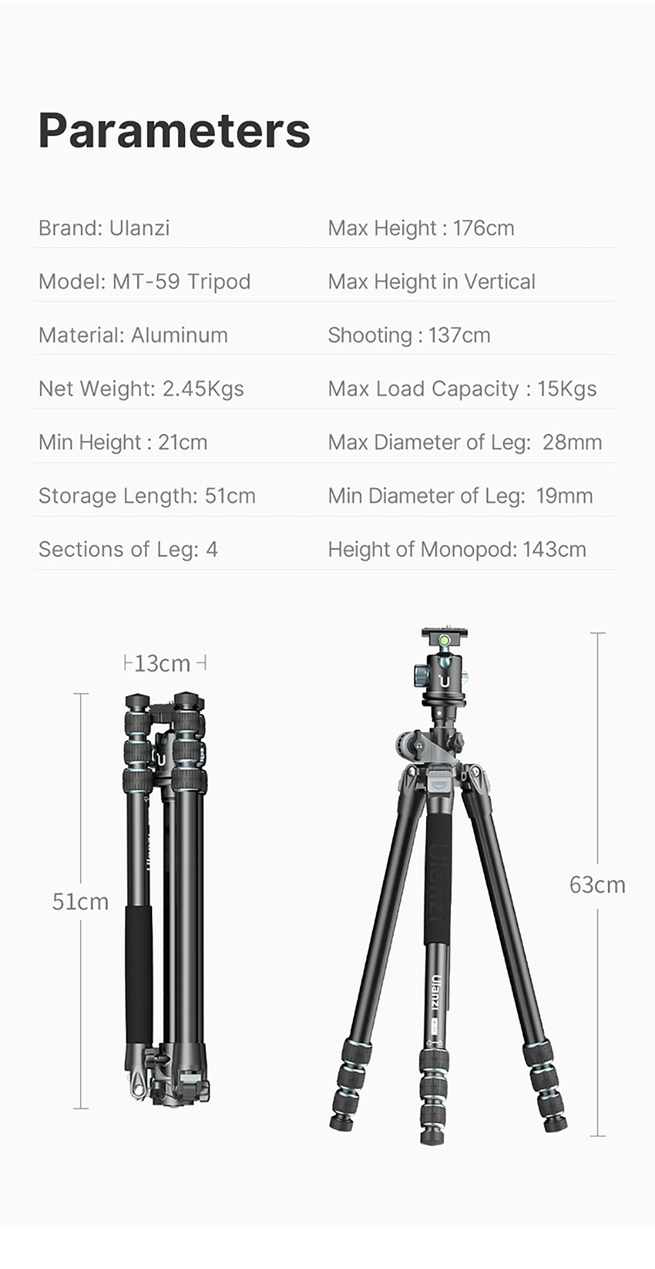 Ulanzi MT-59 premium tripod with horizontal/tiltable arm - 176cm