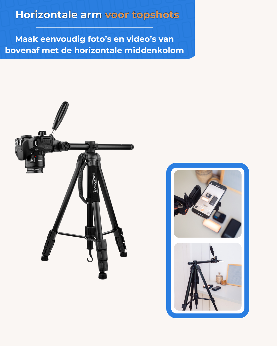 MOJOGEAR 167cm 3-in-1 statief: driepoot, monopod & horizontale arm - Grote statieven