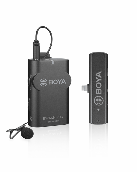 BOYA BY-WM4 Pro-K3 wireless microphone set with transmitter and Apple Lightning receiver for iPhone
