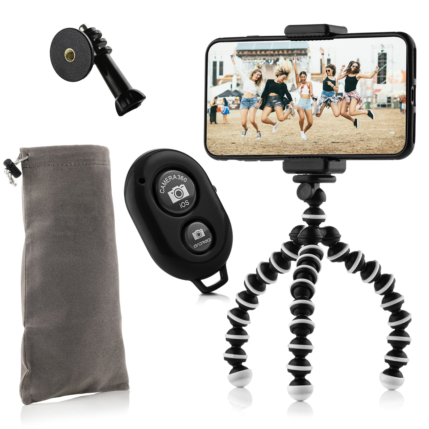 Flexible tripod with extra flexible legs SET: includes phone holder, bluetooth remote shutter, GoPro mount adapter & storage bag