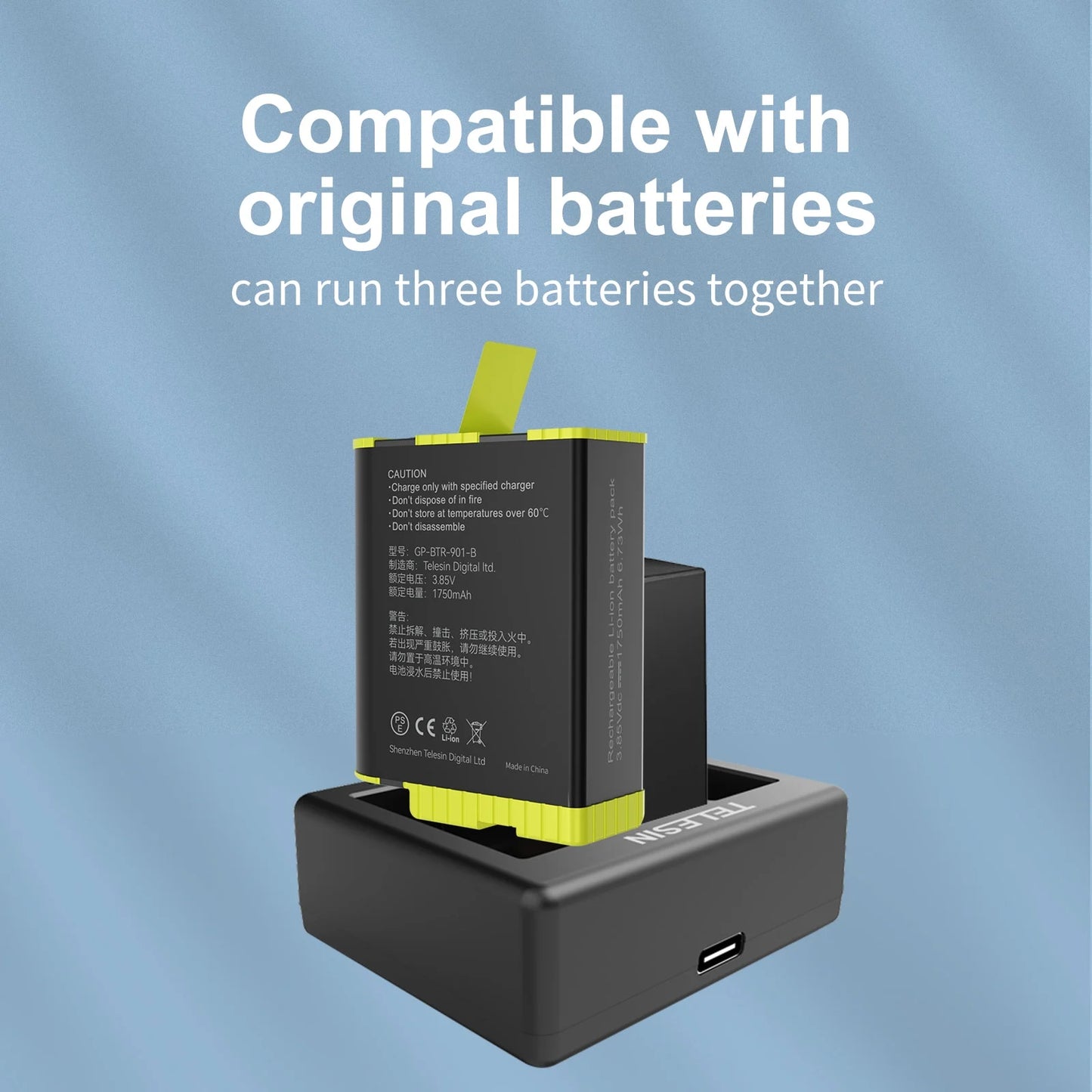 Telesin Triple Batterij Oplader met 2 batterijen voor GoPro 9 / 10 / 11 / 12