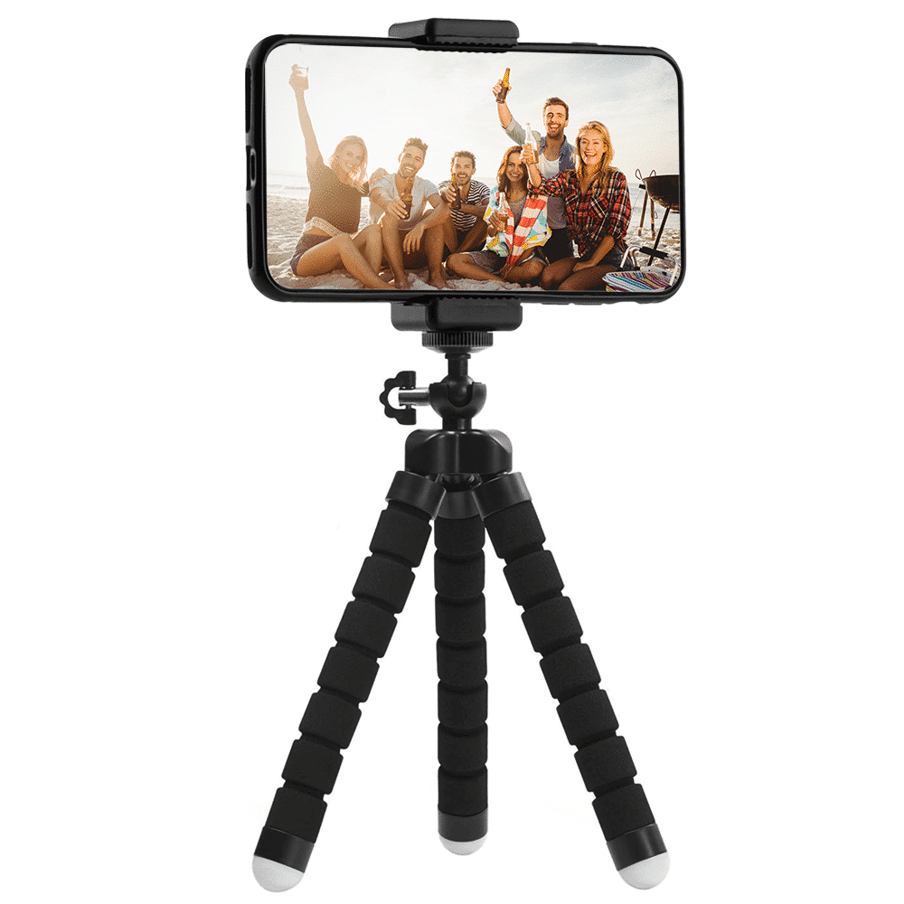 Flexible mini tripod with foam rubber legs SET: includes phone holder, bluetooth remote shutter, GoPro mount adapter & storage bag