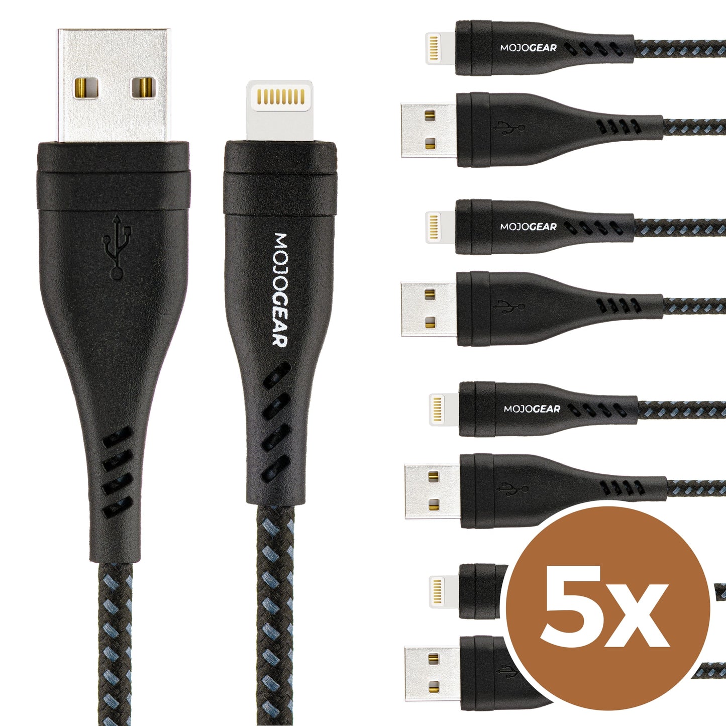5x MOJOGEAR Apple Lightning to USB cable Extra Strong [BENEFIT PACK]