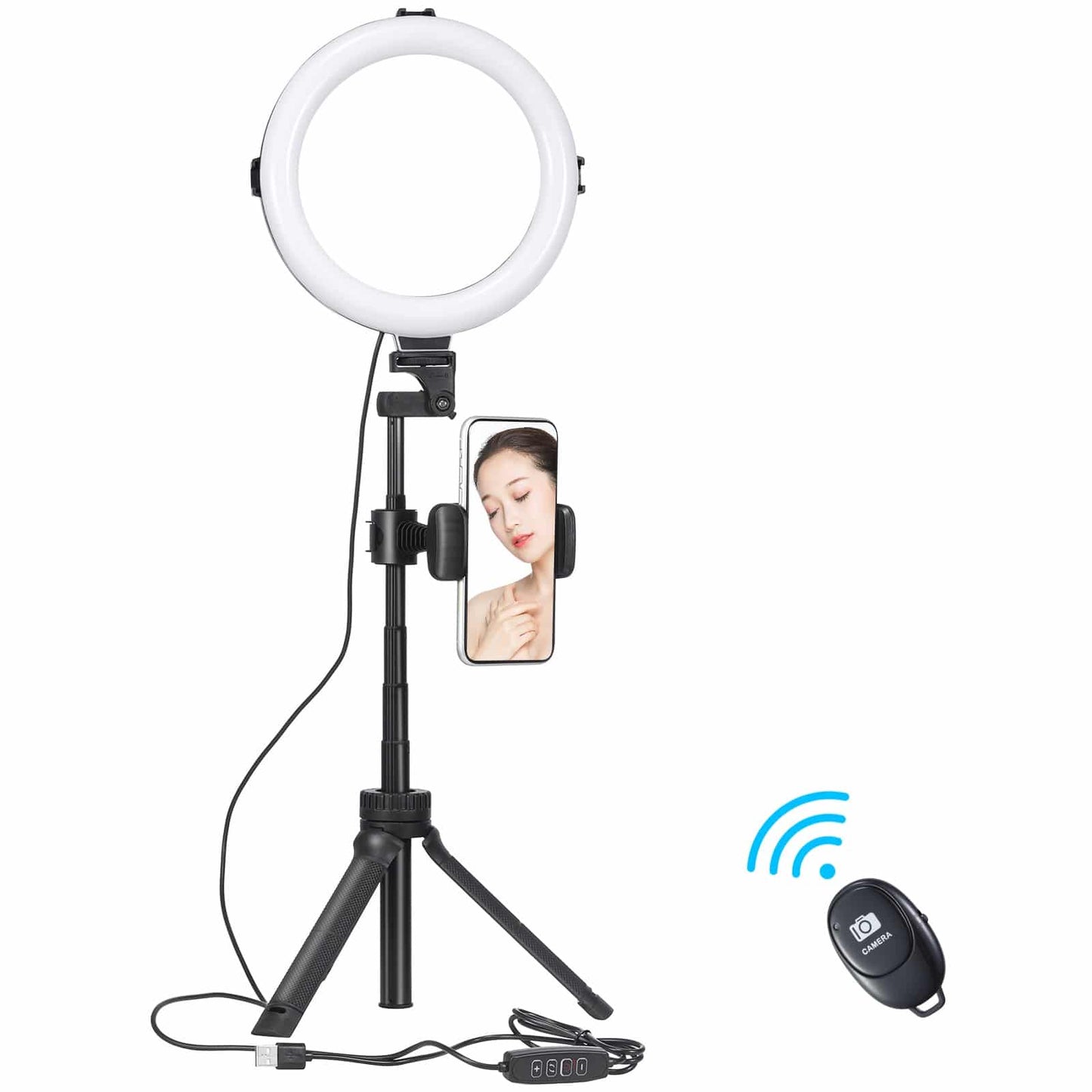 VIJIM Ring lamp with tripod, phone holder and bluetooth remote control