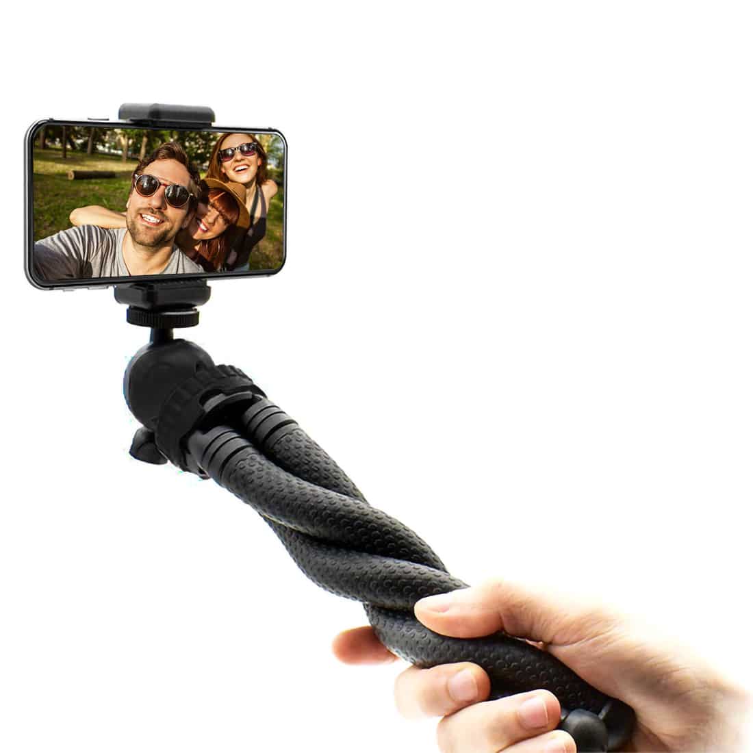 Flexible tripod with extra sturdy legs SET: includes phone holder, bluetooth remote shutter, GoPro mount adapter storage bag